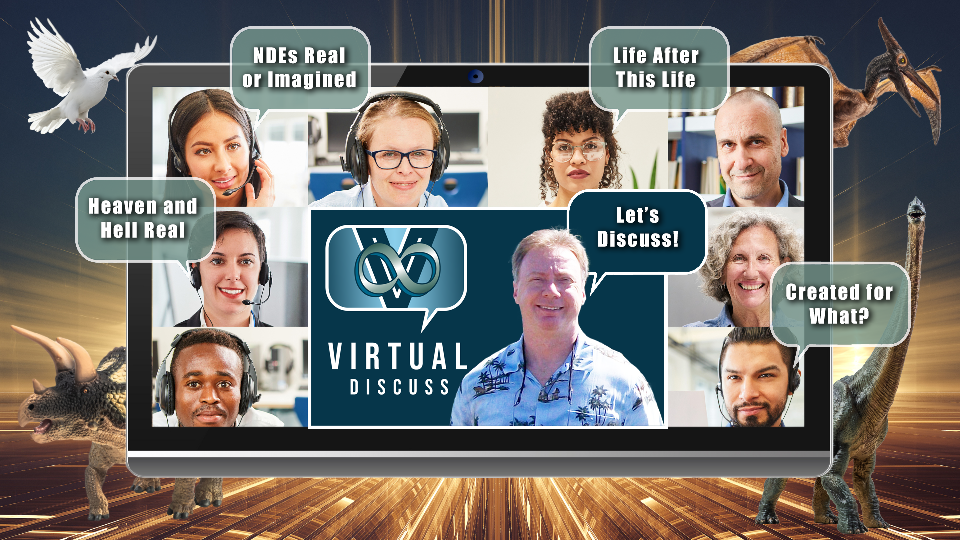 A group on a virtual meeting screen with callouts for various topics